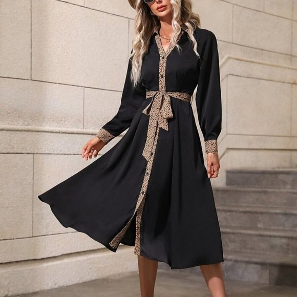 Dalmatian Print Button Up Belted Shirt Dress black tan - Picture 6 of 9